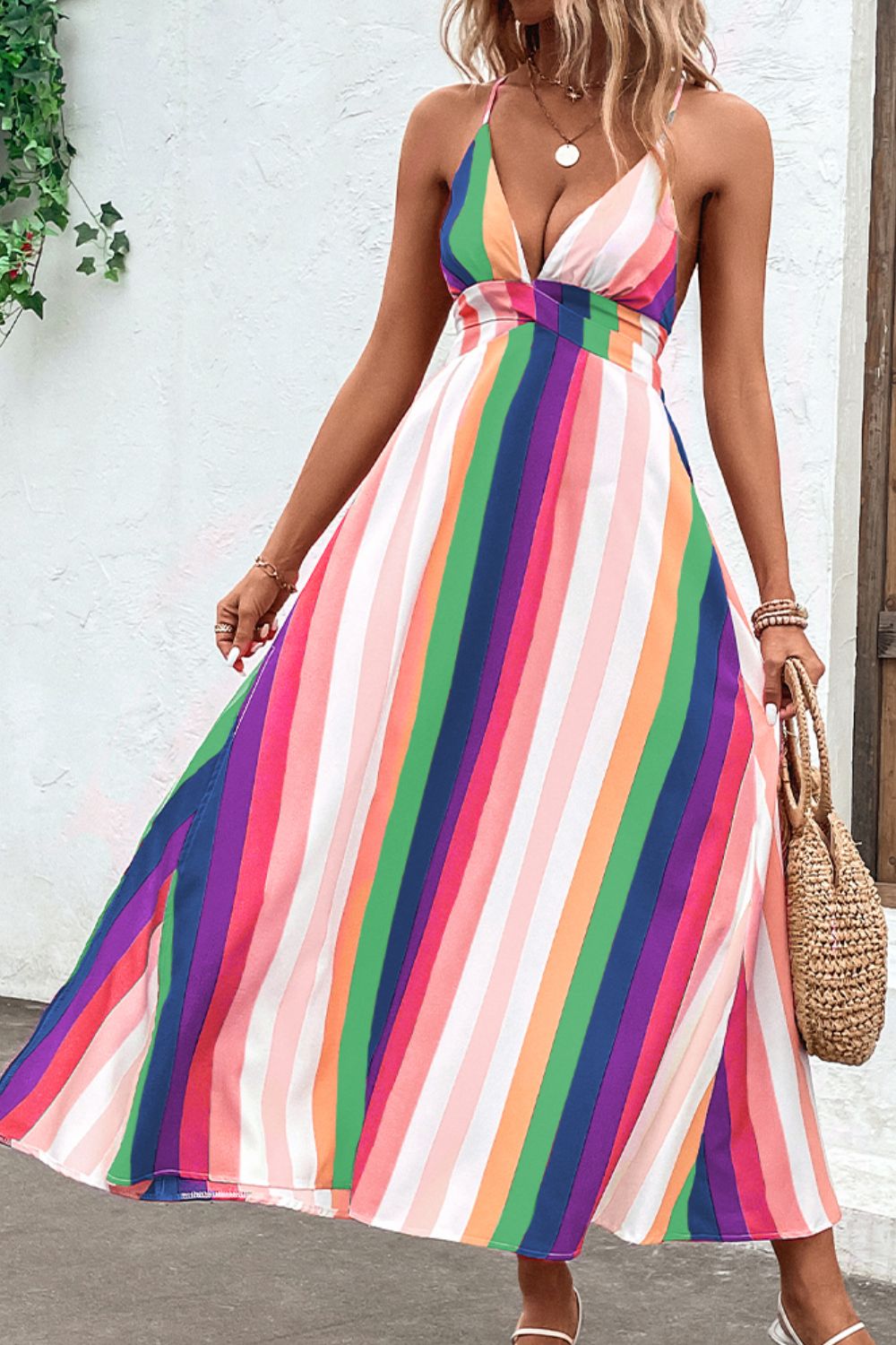 Multicolored Stripe Crisscross Backless Dress