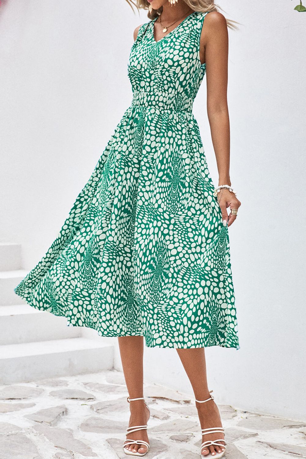 Printed V-Neck Sleeveless Dress