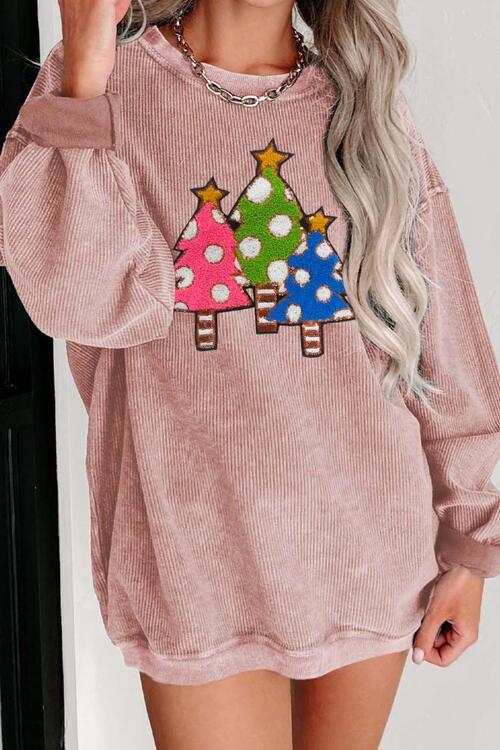 Christmas Tree Round Neck Drop Shoulder Sweatshirt