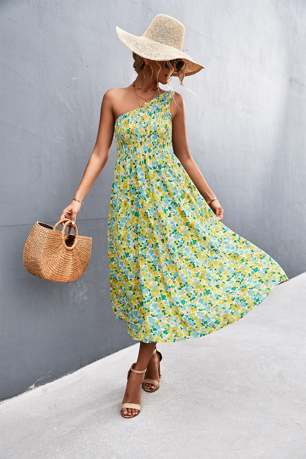 Floral Smocked One-Shoulder Midi Dress