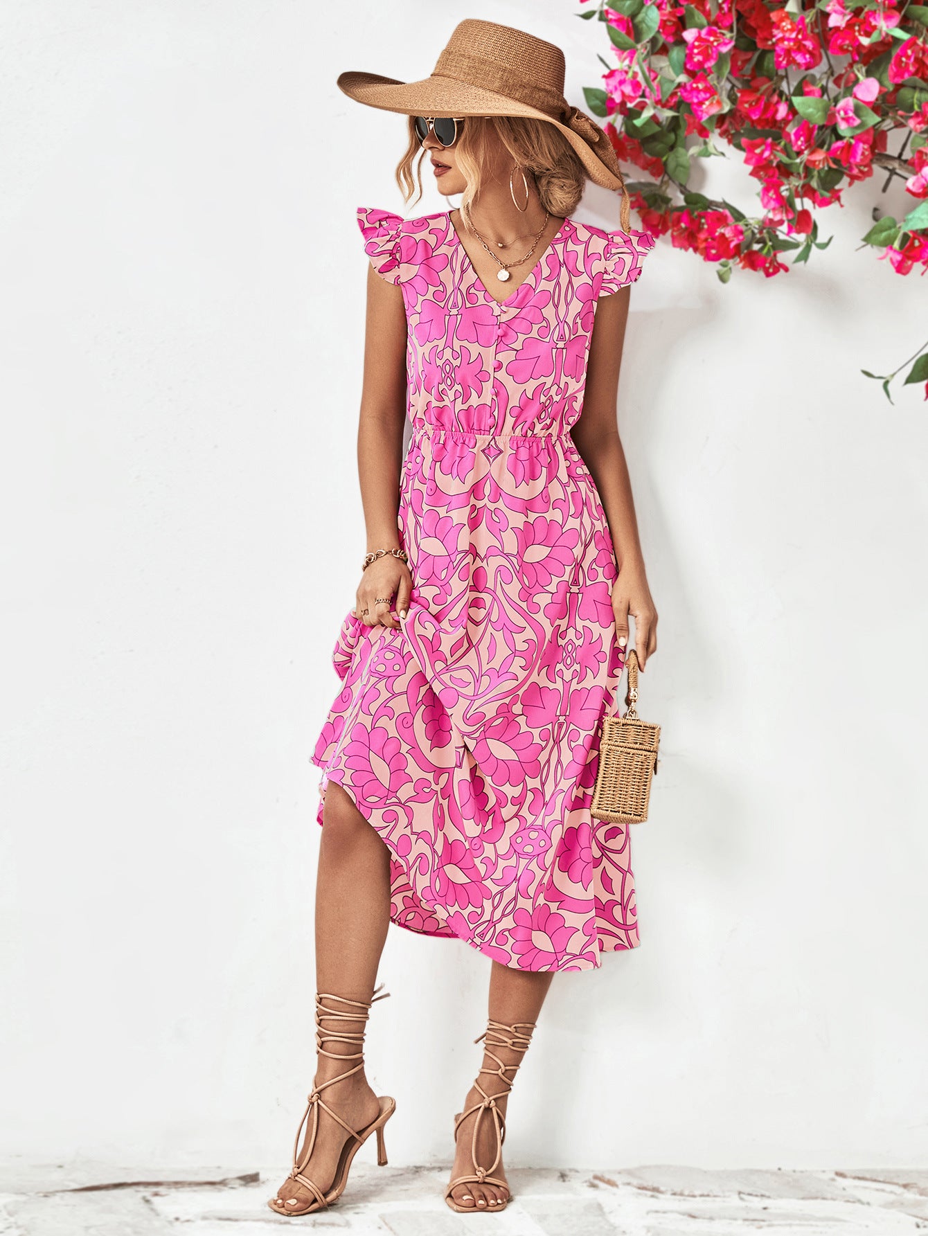 Floral V-Neck Cap Sleeve Dress