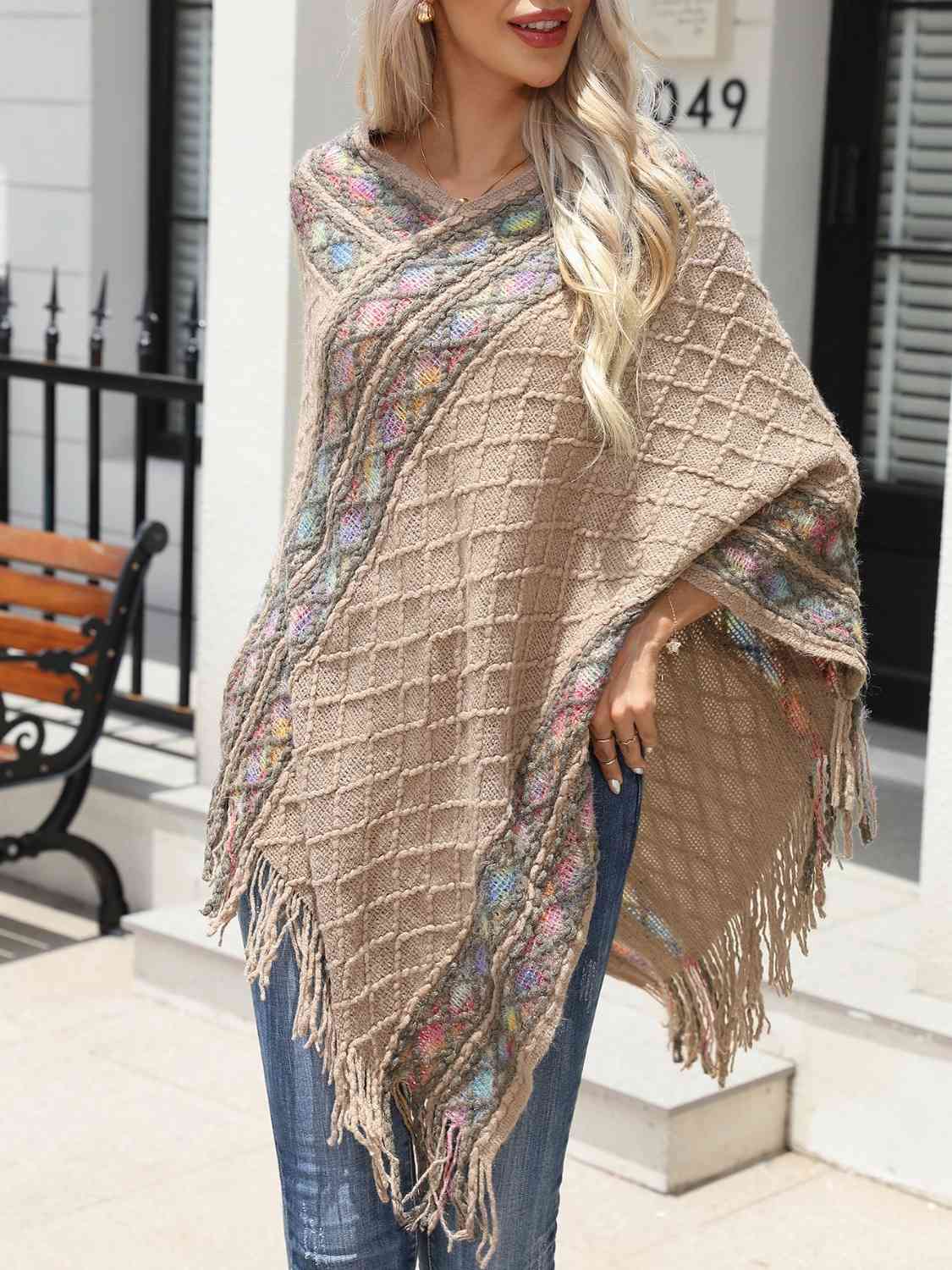 Contrast V-Neck Poncho with Fringes