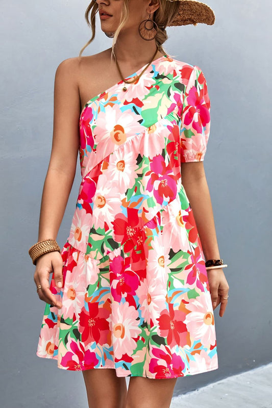 Vestido floral de manga farol con un solo hombro