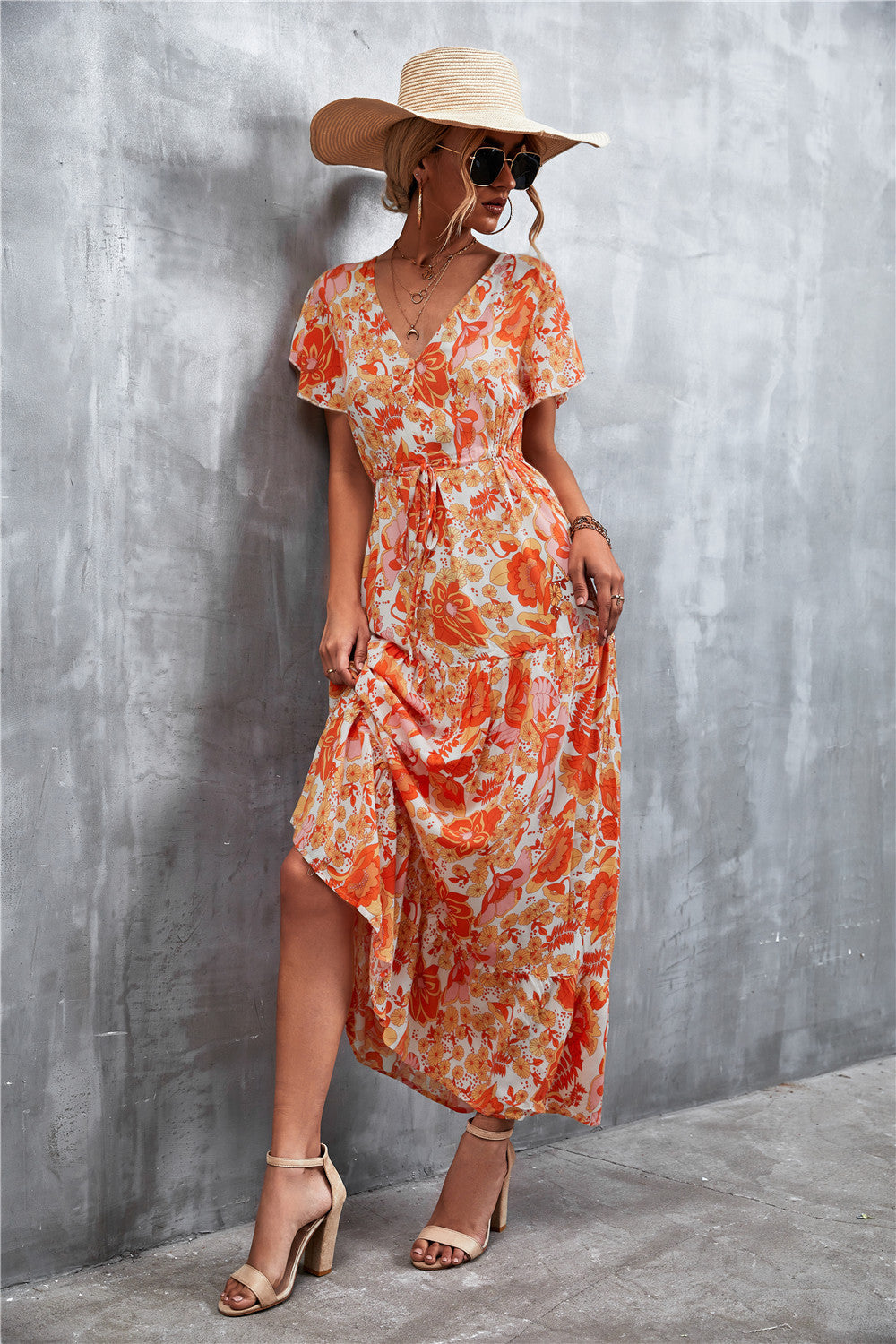 Floral Buttoned Drawstring Waist Tiered Dress