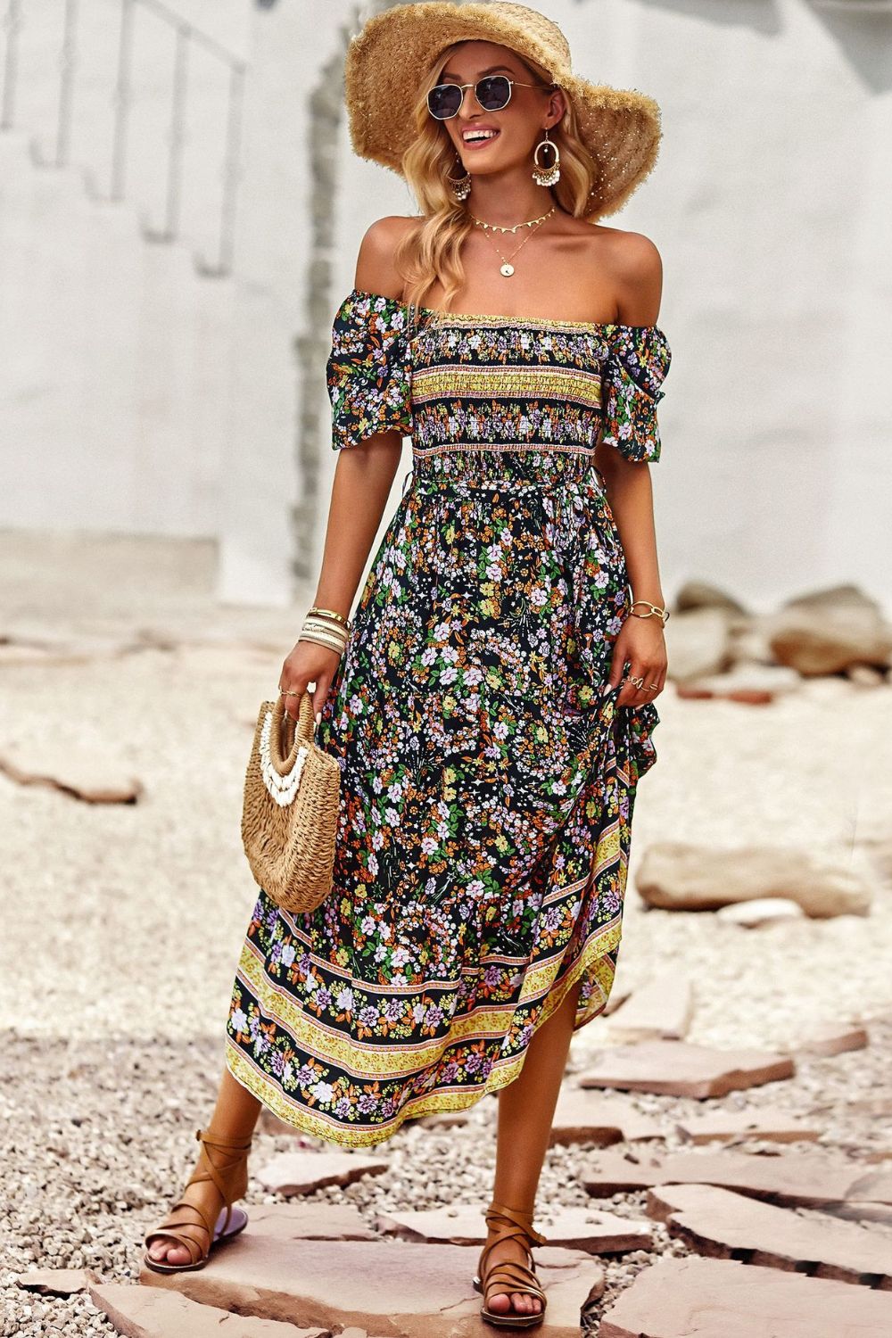 Vestido midi de manga corta con cuello cuadrado bohemio