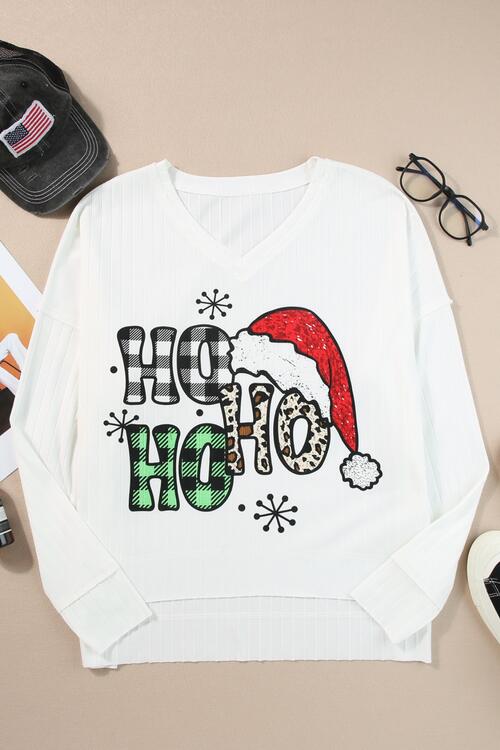 V-Neck Christmas Graphic High-Low Design Long Sleeve Top