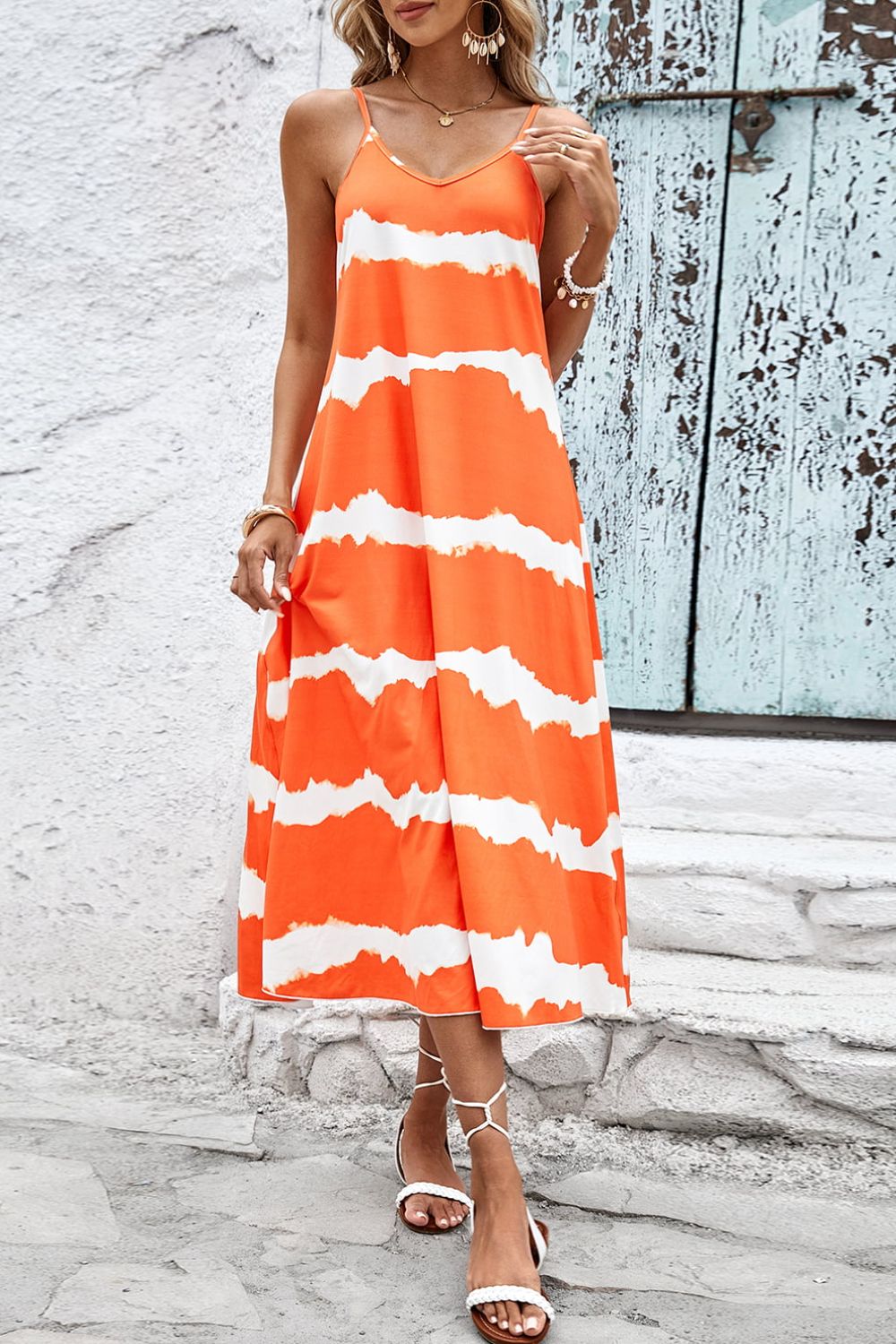 Contrast V-Neck Spaghetti Strap Midi Dress