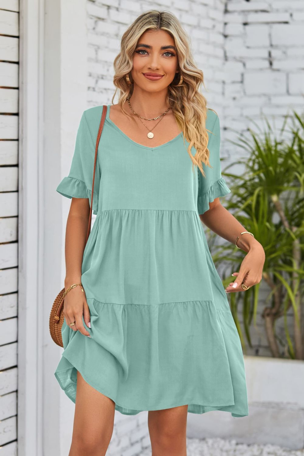 V-Neck Flounce Sleeve Tiered Dress