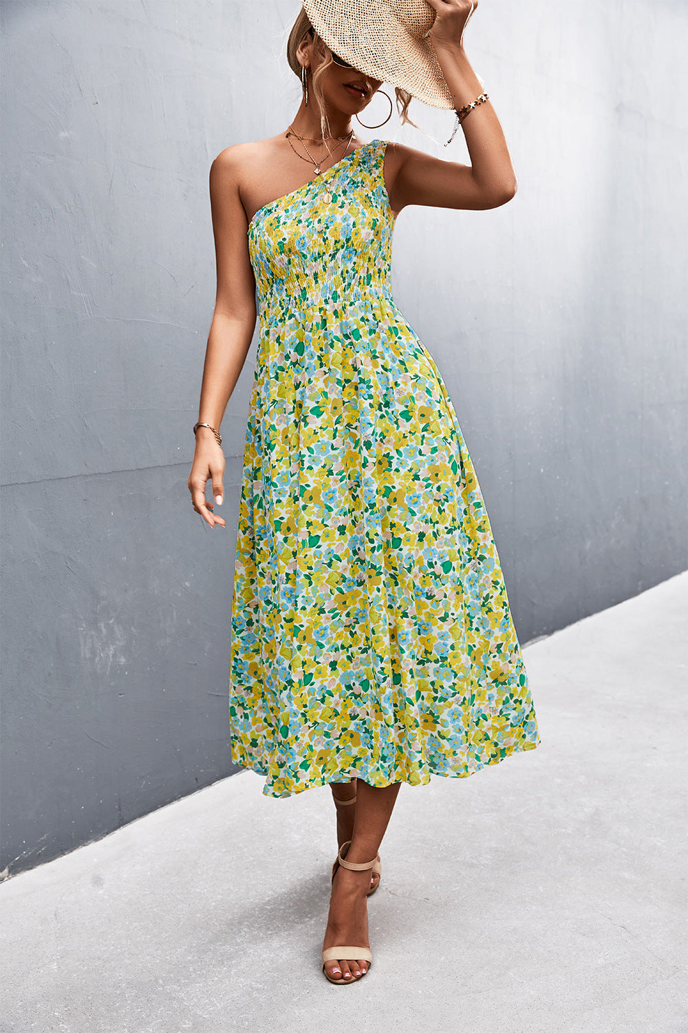 Floral Smocked One-Shoulder Midi Dress