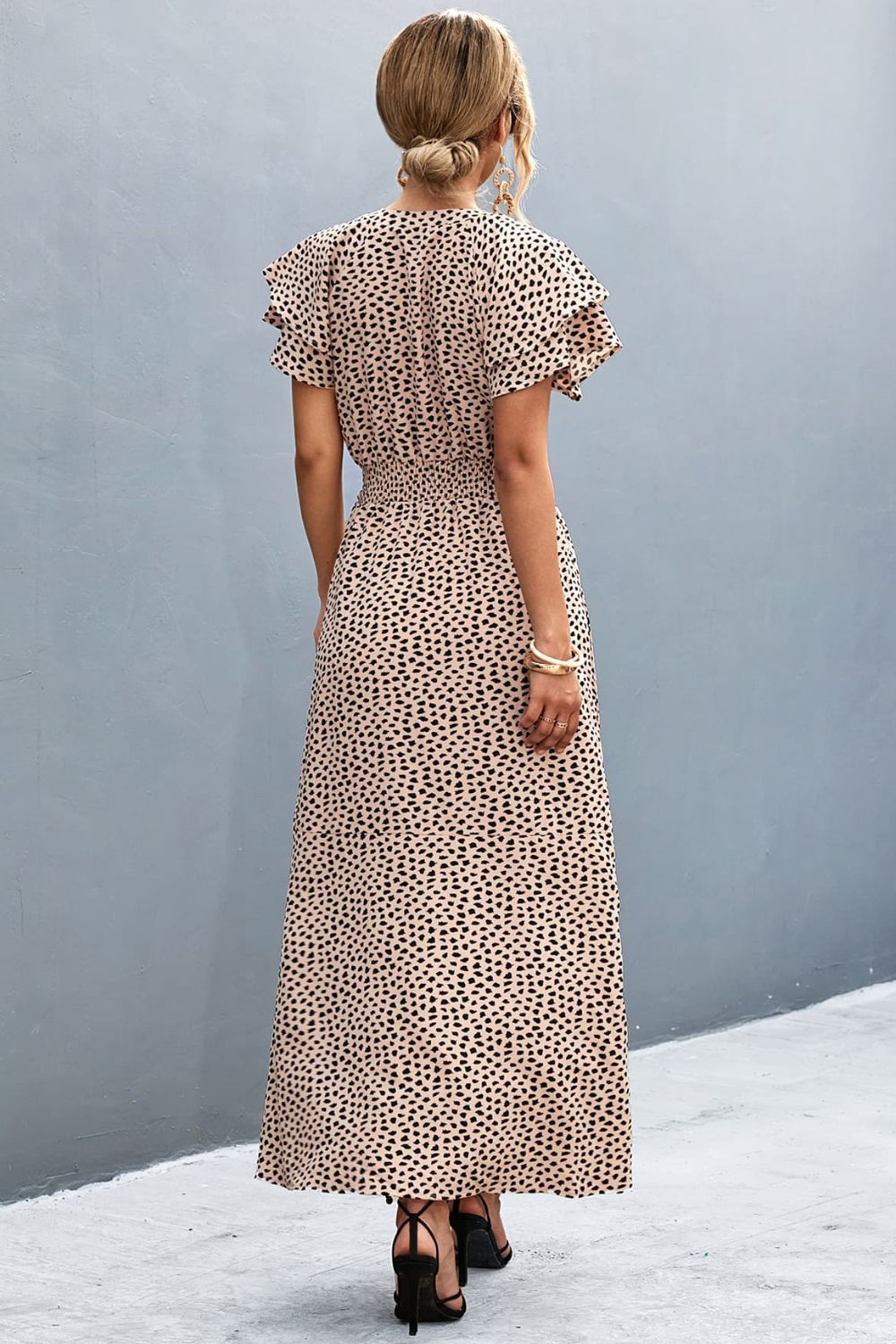 Printed Tie-Neck Flutter Sleeve Split Dress