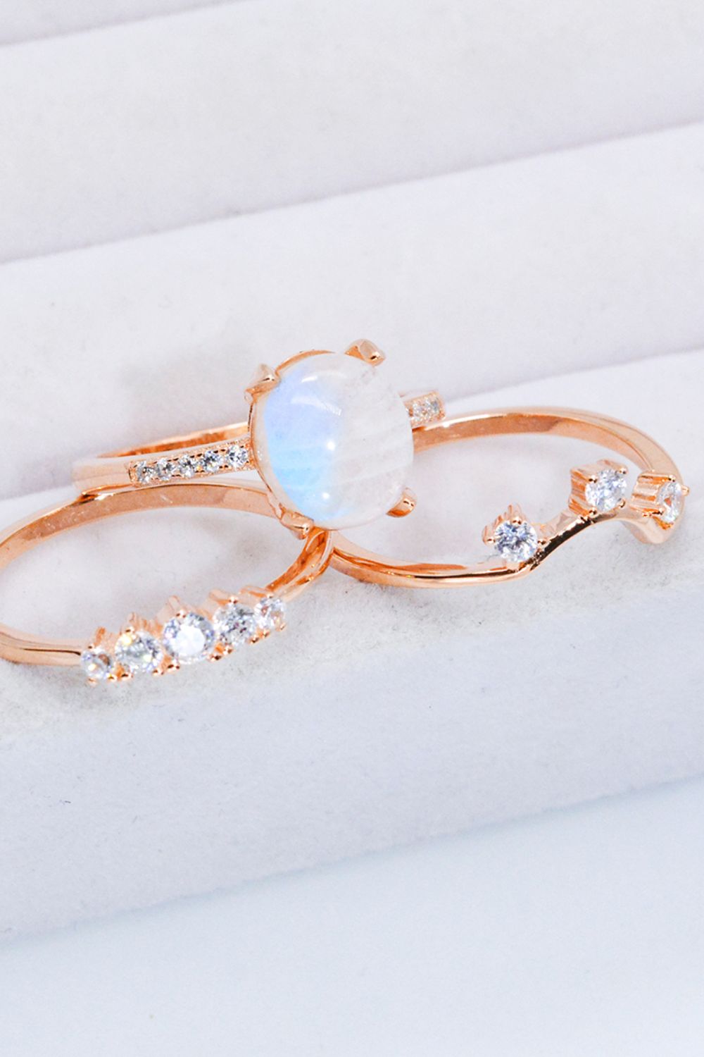 Natural Moonstone and Zircon Three-Piece Ring Set