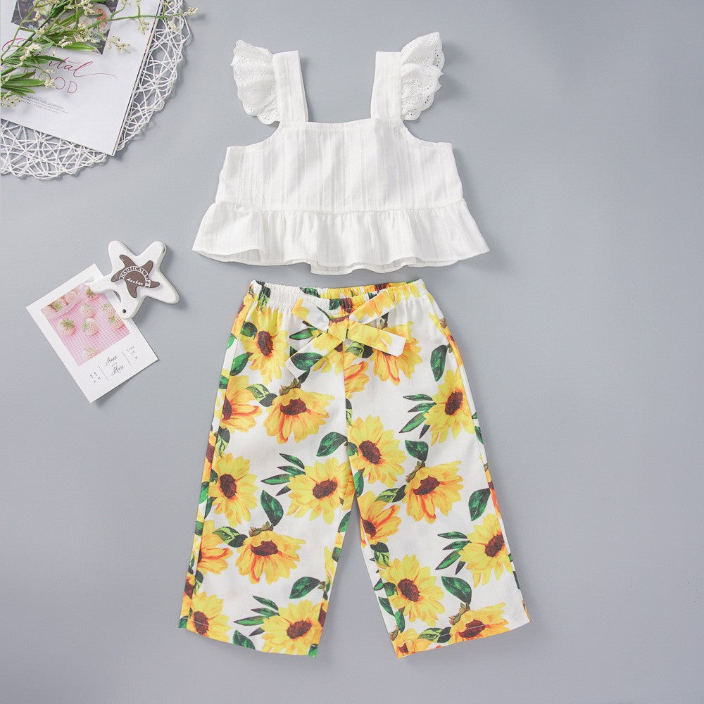 Square Neck Tank and Sunflower Print Pants Set