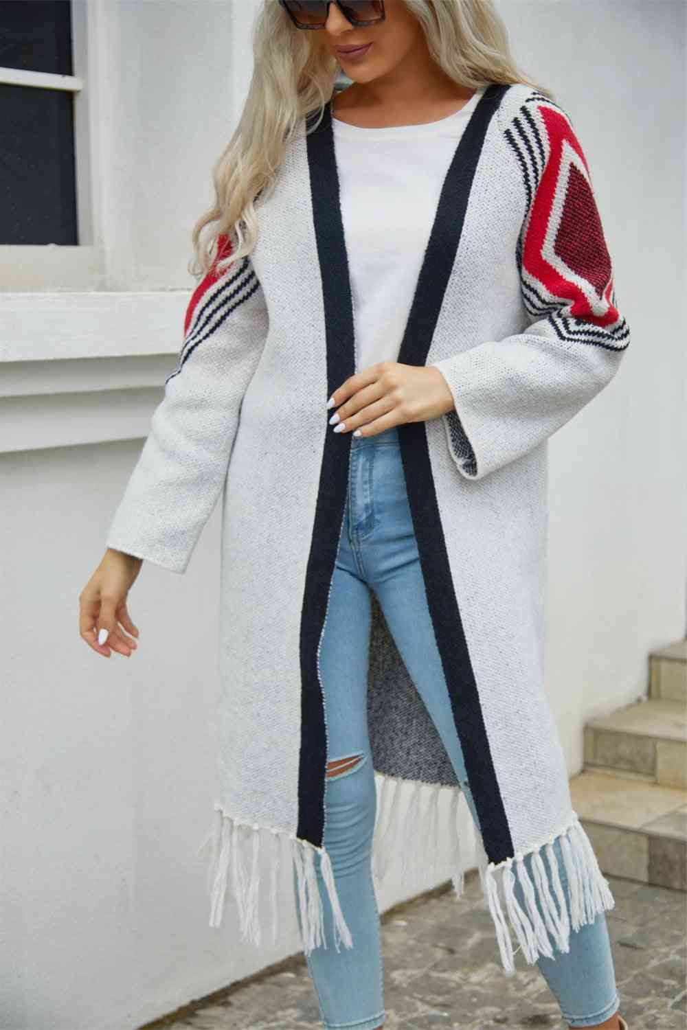 Double Take Geometric Fringe Hem Open Front Duster Cardigan