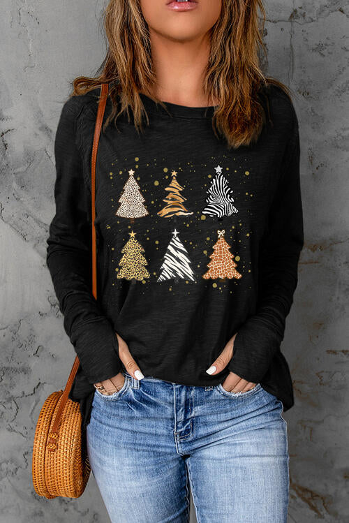 Christmas Tree Graphic Round Neck Long Sleeve T-Shirt