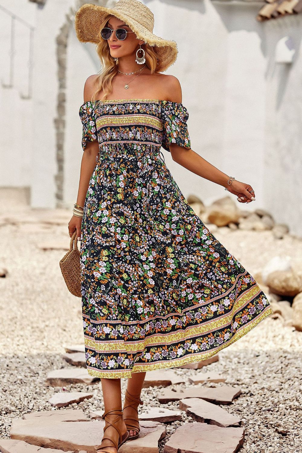 Vestido midi de manga corta con cuello cuadrado bohemio