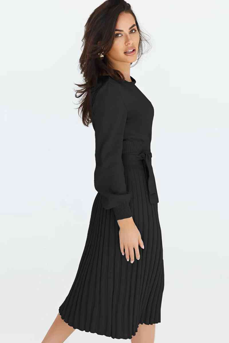 Round Neck Long Sleeve Pleated Sweater Dress