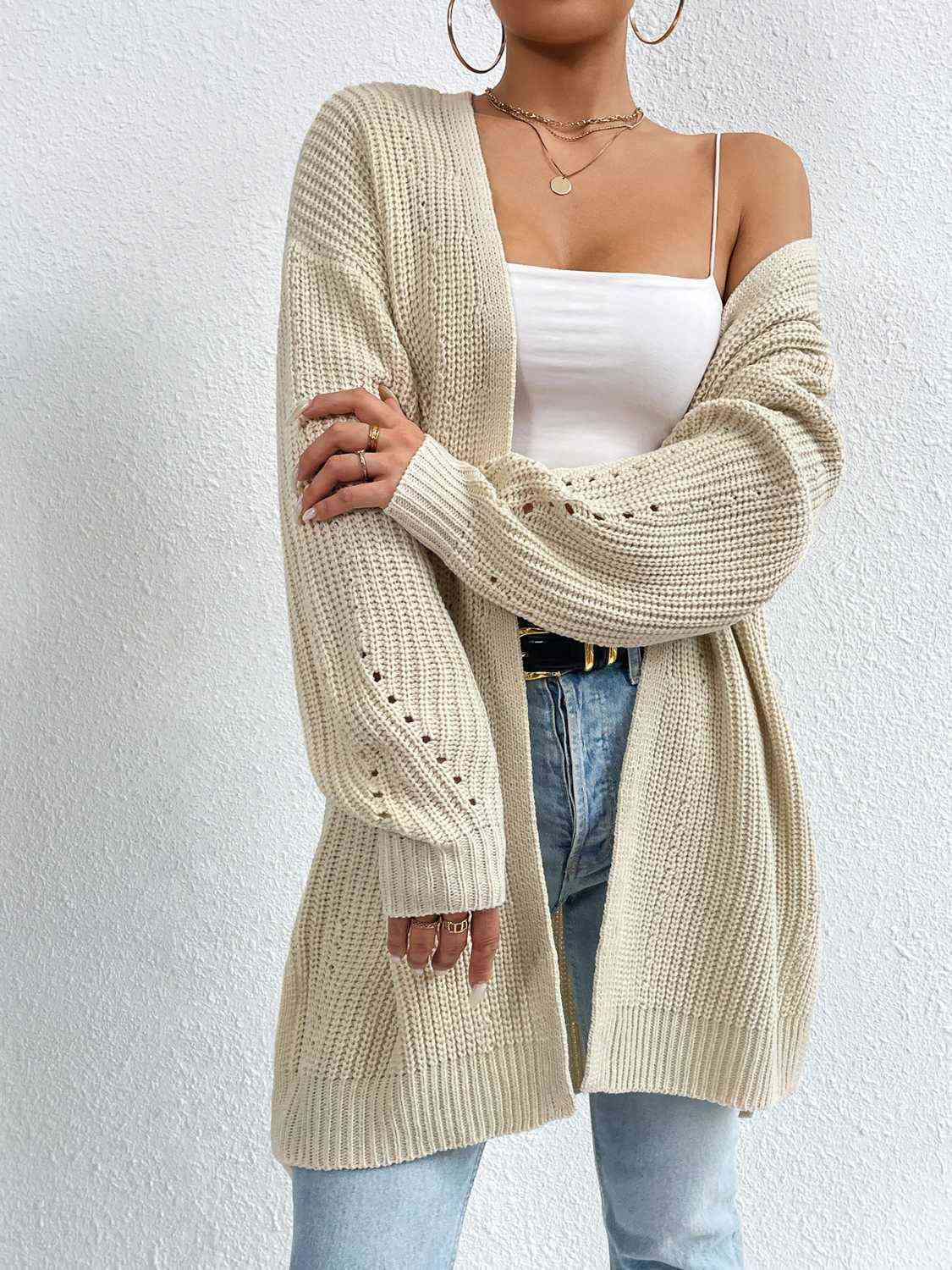 Open Front Dropped Shoulder Slit Cardigan