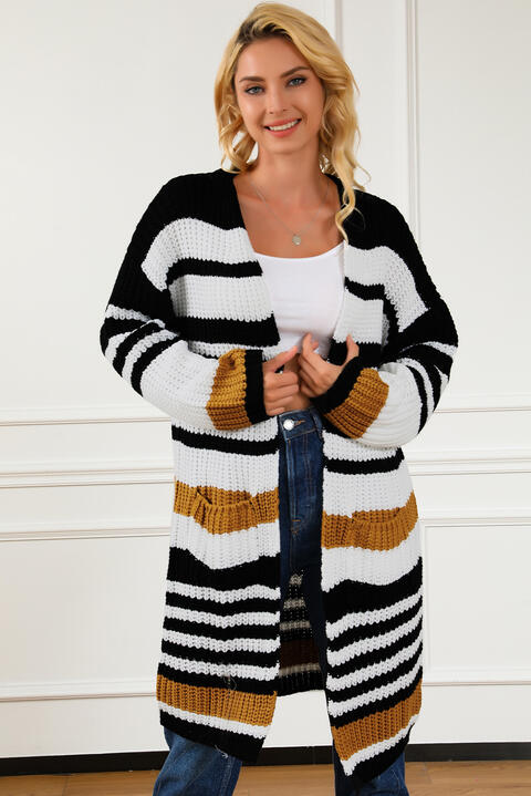 Striped Open Front Cardigan with Pockets