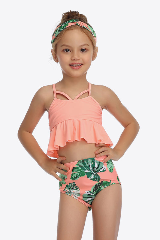 Botanical Print Crisscross Ruffled Two-Piece Swim Set